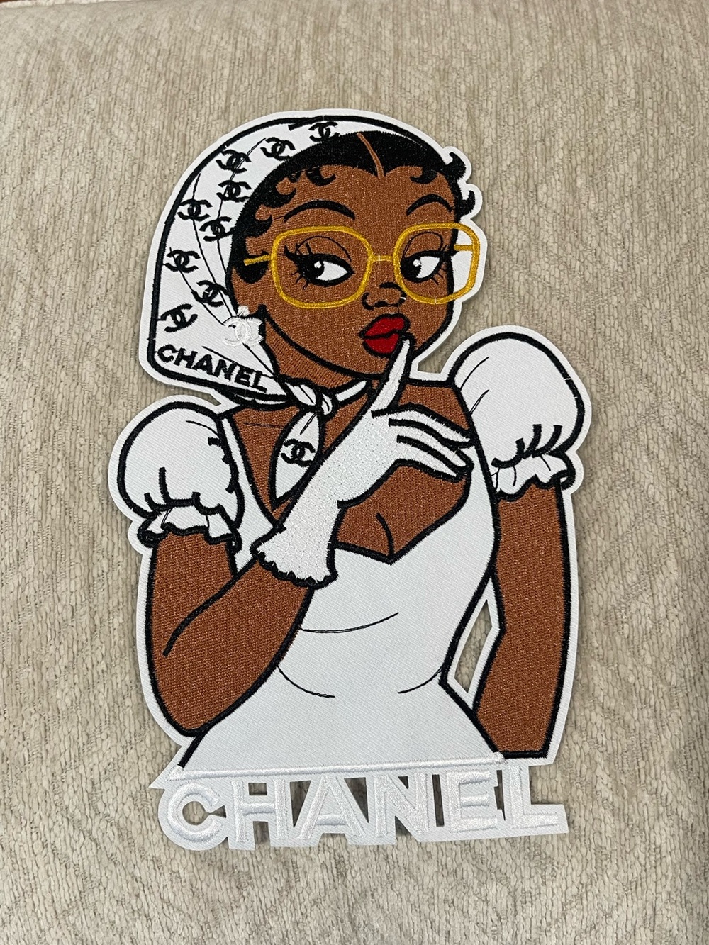 CHANEL White & Brown Fashion Patch with Yellow Glasses Detail